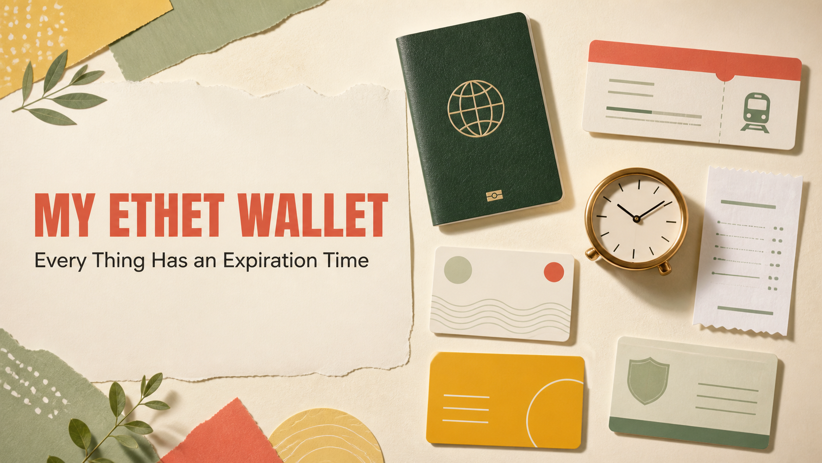 Passport, ticket, receipt, membership cards and clock arranged for My Ethet Wallet